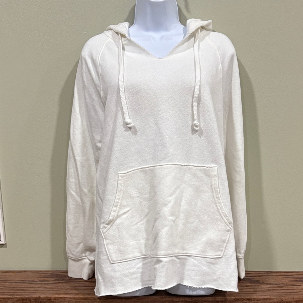 Aerie White Raw Hem Pullover Relaxed Hoodie Sweatshirt w/Kangaroo Pocket Size S